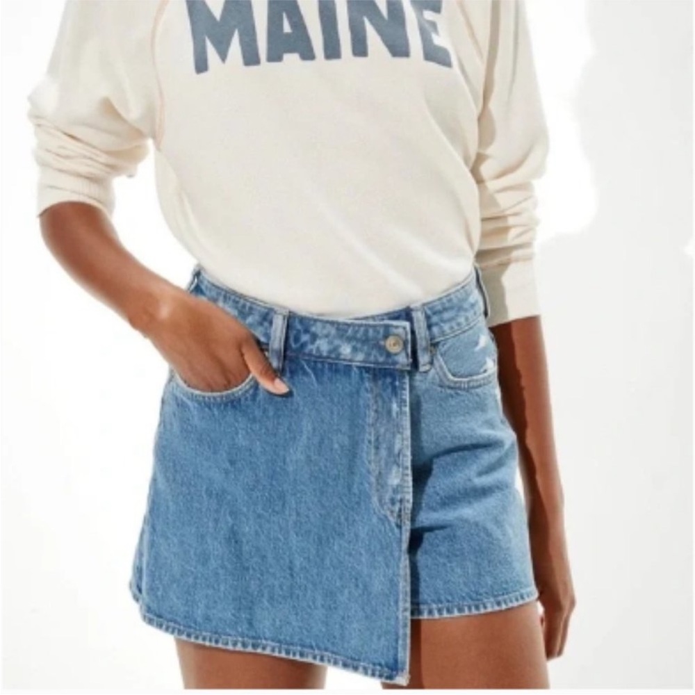 American Eagle Outfitters Wrap Denim Skort High Rise Blue Distressed Womens 10